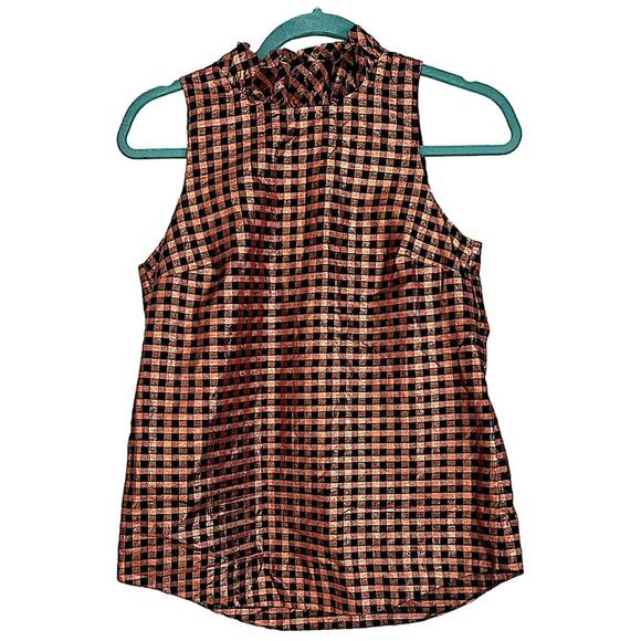J. Crew Tops - J. Crew Rose Gold Navy Metallic Gingham Ruffle Neck Sleeveless Top NWT